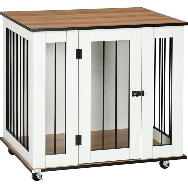 PawHut Dog Crate Furniture with Wheels, Dog Cage End Table for Medium Dogs, with Lockable Door, White, 80 x 60 x 76.5cm Aosom UK