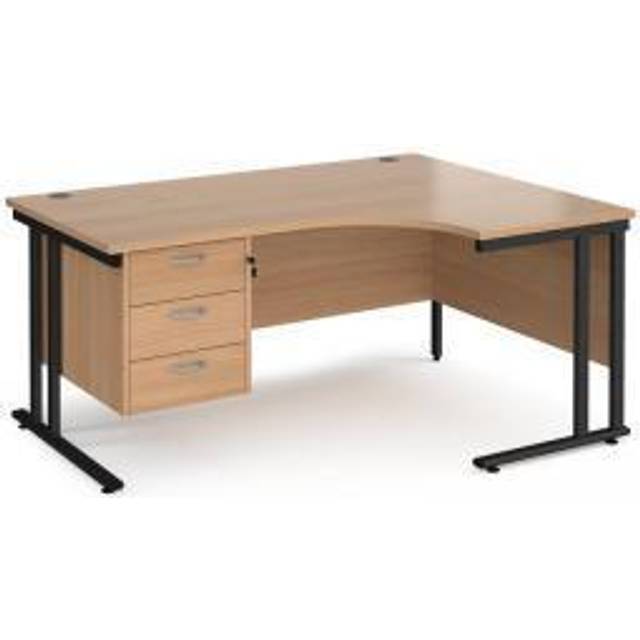 Maestro 25 right hand ergonomic Office Desk 1600mm wide with 3 drawer pedestal - black cantilever leg frame, beech top - Black