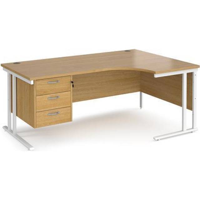 Maestro 25 right hand ergonomic Office Desk 1800mm wide with 3 drawer pedestal - white cantilever leg frame, oak top - White