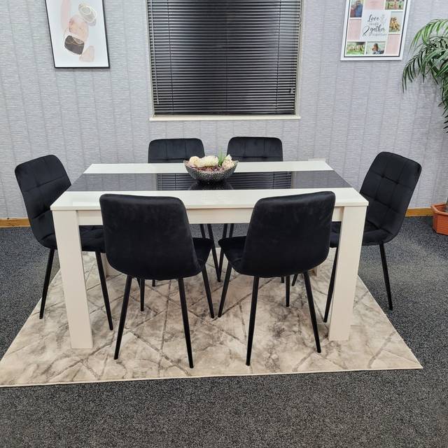 Portland Velvet and Wood 6 Seater Dining Set White and Black - White Black