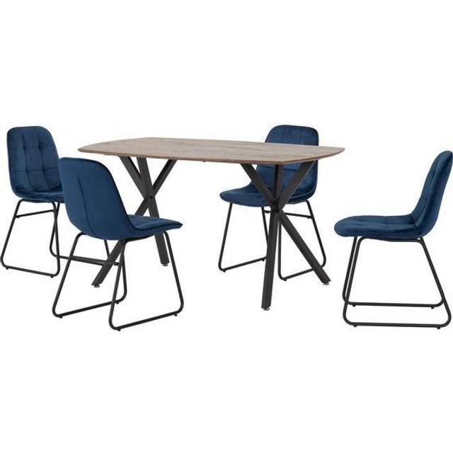 Seconique Athens Rect & LUKas Dining Set - Medium Oak Effect/Sapphire Blue Velvet, Blue