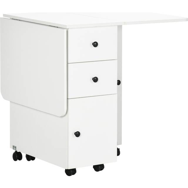 Homcom Folding Dining Table For 4-6, Rolling Drop Leaf Table With Storage Drawers, Cabinet And Open Shelf, Extendable Kitchen Table On Wheels, White