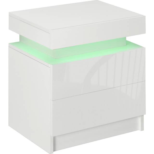 HOMCOM High Gloss Bedside Table with LED Light and 2 Drawers, White