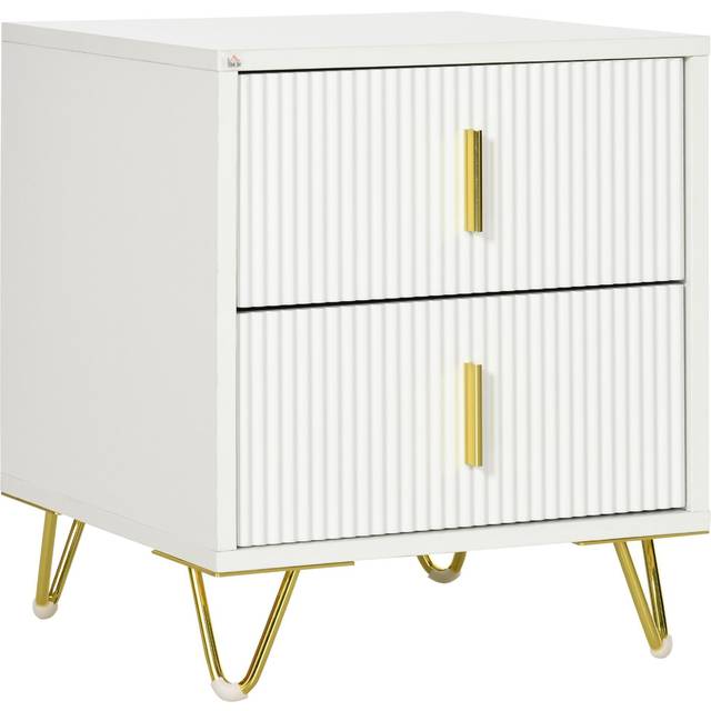 Homcom Bedside Table With 2 Drawers, Side End Table, Nightstand With Metal Frame, White