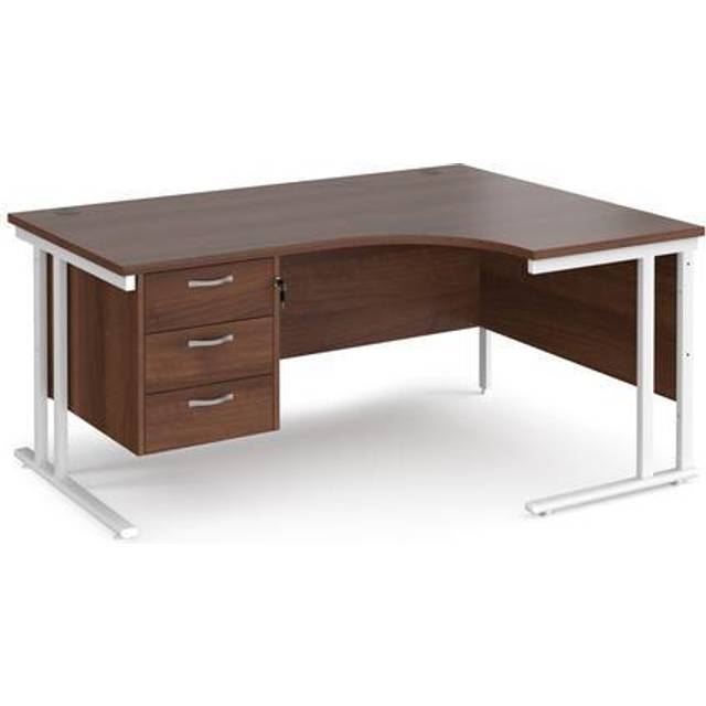 Maestro 25 right hand ergonomic Office Desk 1600mm wide with 3 drawer pedestal - white cantilever leg frame, walnut top - White