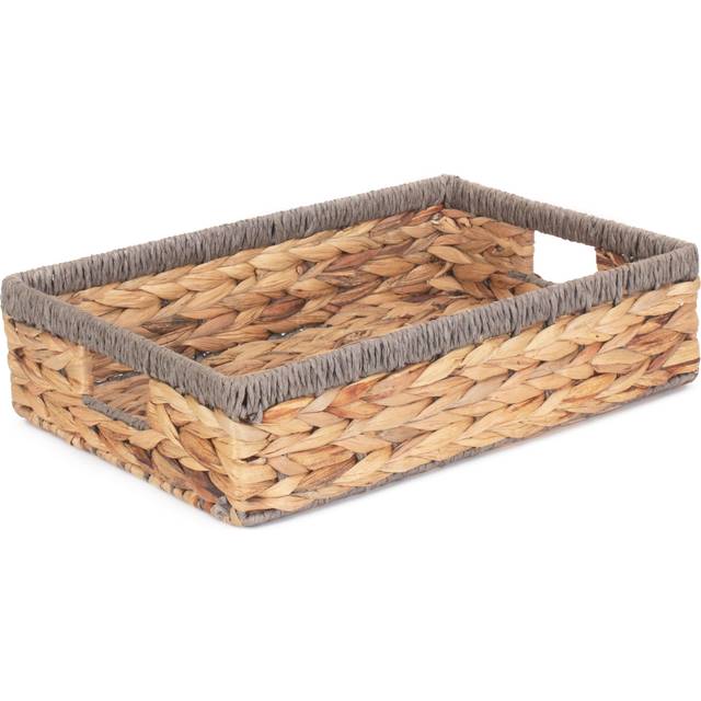 Shallow Rectangular Water Hyacinth With Grey Rope Border Storage Basket - Medium