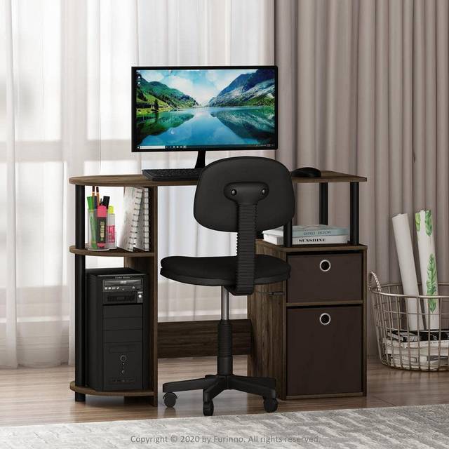 JAYA Simplistic Computer Study Desk with Bin Drawers, Columbia Walnut/Black/Dark Brown