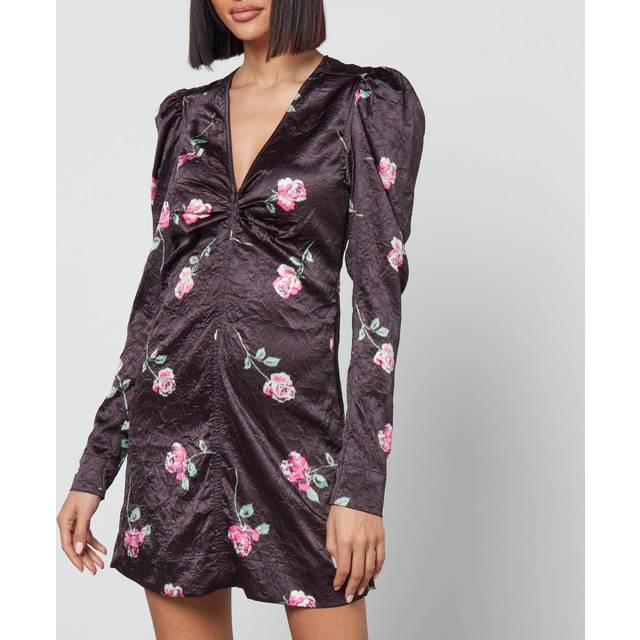 Ganni Floral-Print Crinkled Satin Mini Dress - EU 38/UK 10 - Black