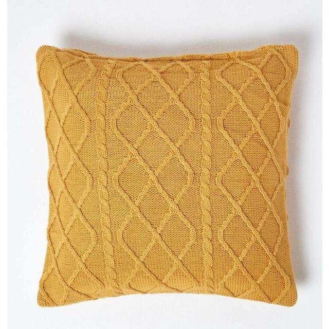 Mustard Yellow Cable Knit 100% Cotton Cushion Cover, Square 45 x 45 cm