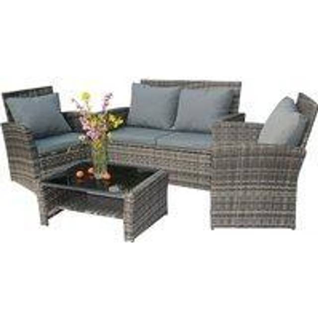 Birchtree 4PCS Garden Rattan Furniture Set Armchair Sofa Glass Coffee Table Patio RFS02 Grey
