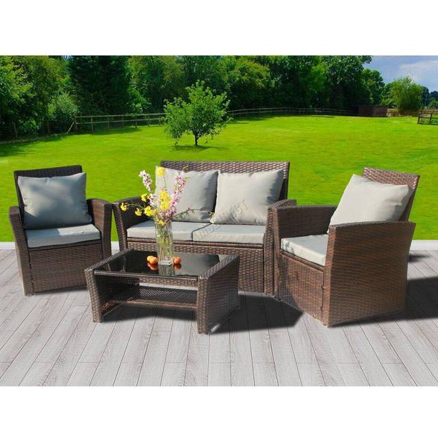 (Brown) BIRCHTREE Rattan Garden Furniture Set Armchair Sofa Glass Table Outdoor Patio 02