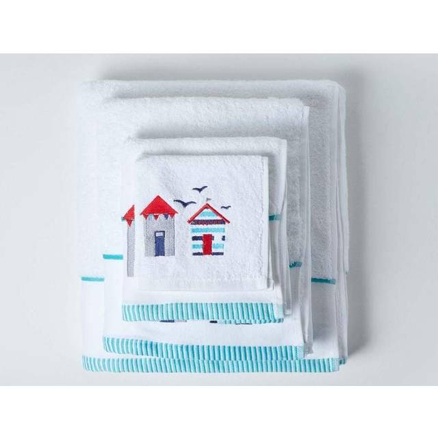 Homescapes White and Blue Beach Bath Towel 100% Cotton