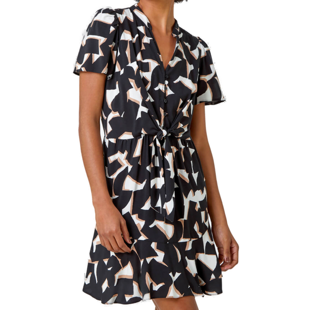 Roman Black Geometric Print Frill Hem Skater Dress - Size 20