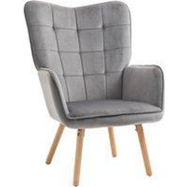 Modern Accent Chair Velvet-Touch Tufted Wingback Armchair Upholstered Leisure Lounge Sofa Club Chair with Wood Legs - Grey Armchair - Home Living | T