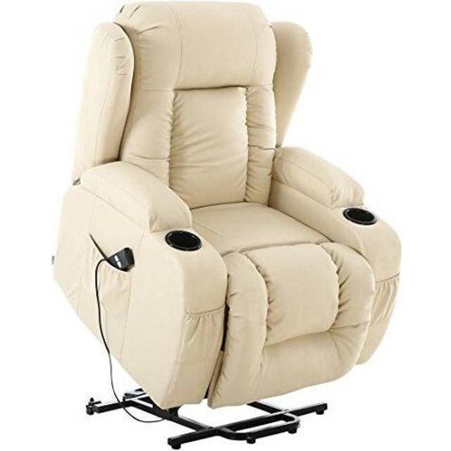 (Cream) Caesar Electric Rise Recliner Winged Leather Armchair Massage Heated Lounge Chair