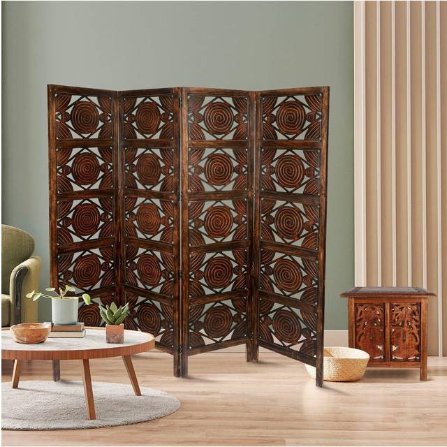(DARK BROWN) 4 Panel Wooden Swirl Design Screen Room Divider