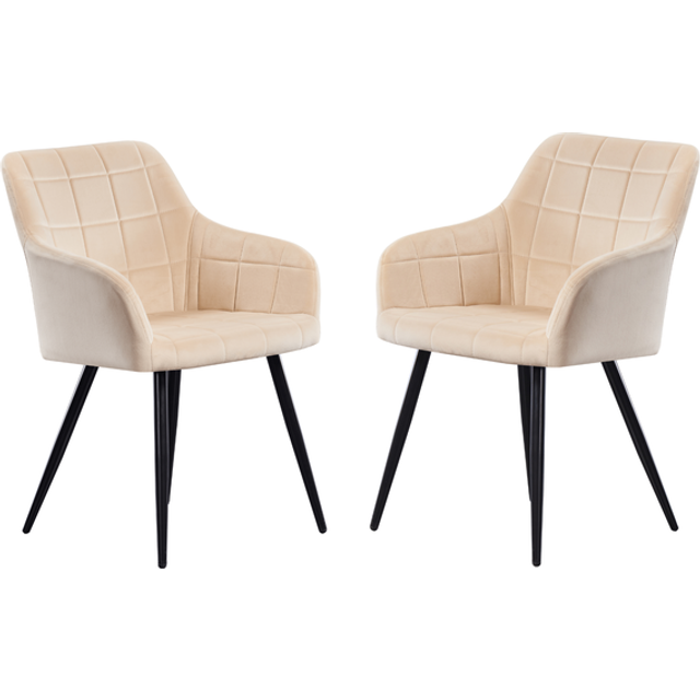 Pn Home - Set of 2 Camden Modern Velvet Dining Chairs - Ergonomic Curved back with Metal Legs - Armchair for Dining Room Kitchen Living Room - Cream
