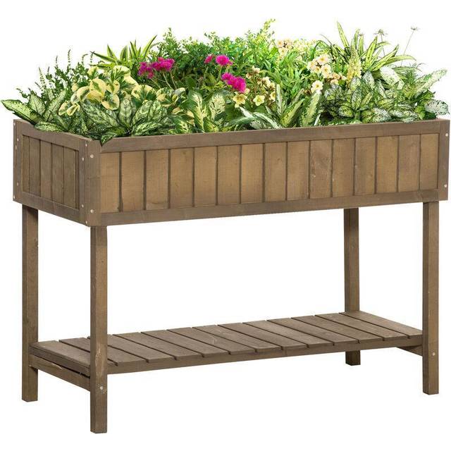 Outsunny Wooden Herb Planter Stand 8 Cubes Bottom Shelf Raised Bed - Brown, Brown