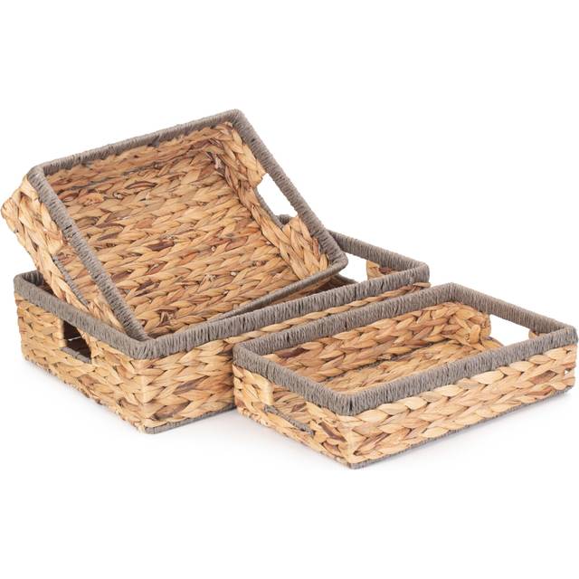 Shallow Rectangular Water Hyacinth With Grey Rope Border Storage Basket - Set of 3