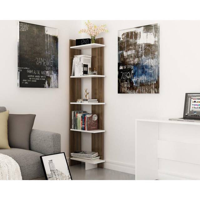 Alica 5-Tier Corner Bookshelf - Walnut and White - Brown