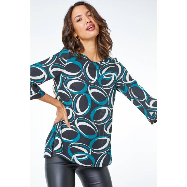 Abstract Circle Print Longline Top - Dark Green - 18