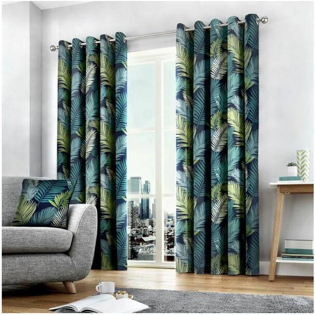 Tropical Eyelet Room Darkening Curtains - Blue (Width 168 x Drop 137 cm)