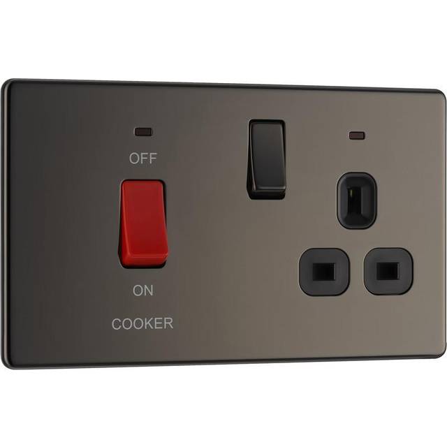 BG Screwless Flat Plate 45A DP Switch Switch & 13A Switch Socket & Neons in Black Nickel