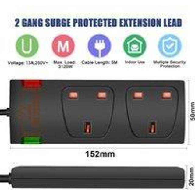 2 Gang Surge-Protected Extension Lead - Black / 5m