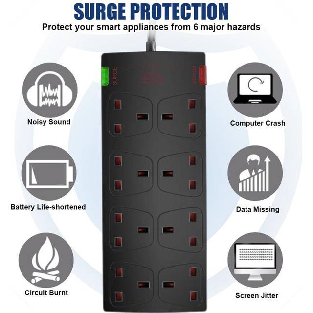 Extrastar 8 Gang Surge-protected Extension Lead 2M Black, 13A, Black