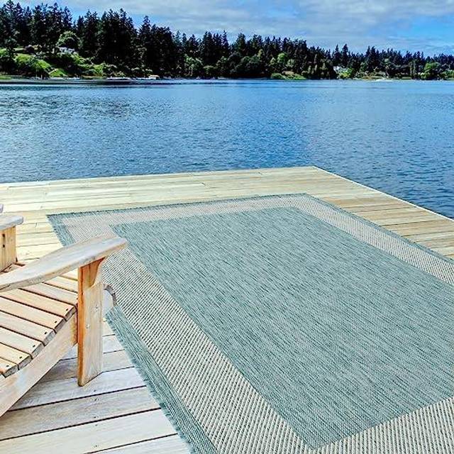 BORDERED DESIGN AQUA Outdoor & Indoor Rug for Garden Patio - Durable Weather-Proof Stain Resistant UV-Protected Jet-Washable Outdoor Rug- Ecology 200 - Aqua - 80cm x 150cm