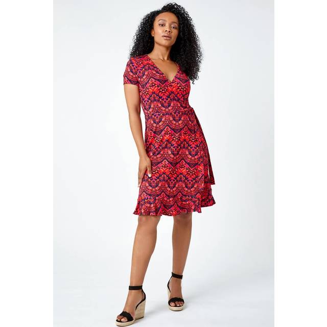 Roman Petite Pink Aztec Tie Detail Wrap Dress - Size 10
