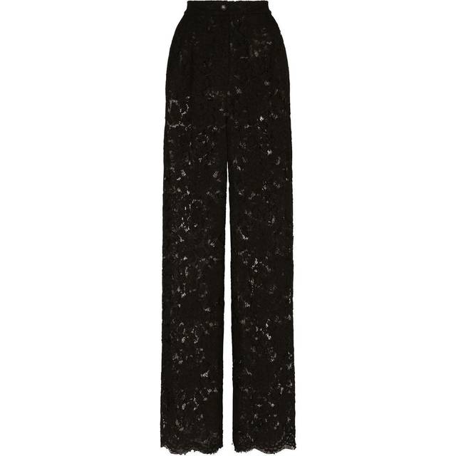 Dolce & Gabbana, Wide Trousers, female, Black, 2XS, Black Floral Lace Wide Leg Trousers