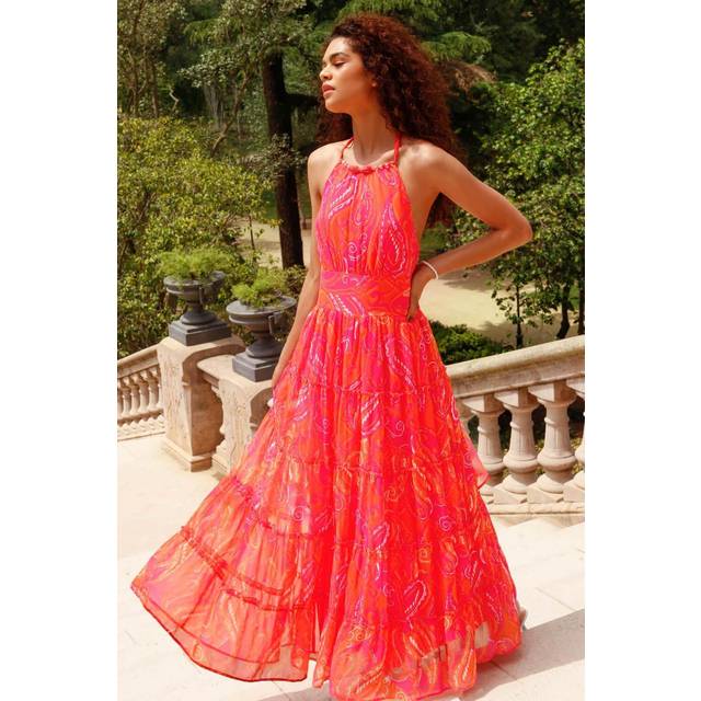 Roman Womens Paisley Print Halter Neck Maxi Dress - Pink - Size 20 UK