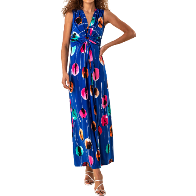Abstract Floral Print Twist Waist Maxi Dress - Royal Blue - 20