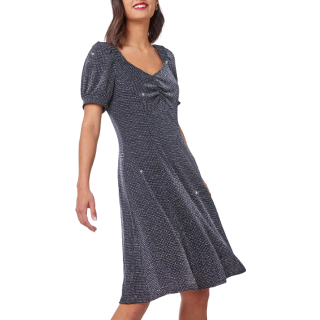 Roman Black Shimmer Sweetheart Neck Swing Dress - Size 14