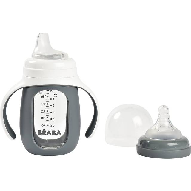 BÉABA, Mugg/nappflaska för inlärning 2-i-1, av glas, silikonhölje, solid, hälsosam, 100% vattentät, avtagbara handtag, 210 ml, blå