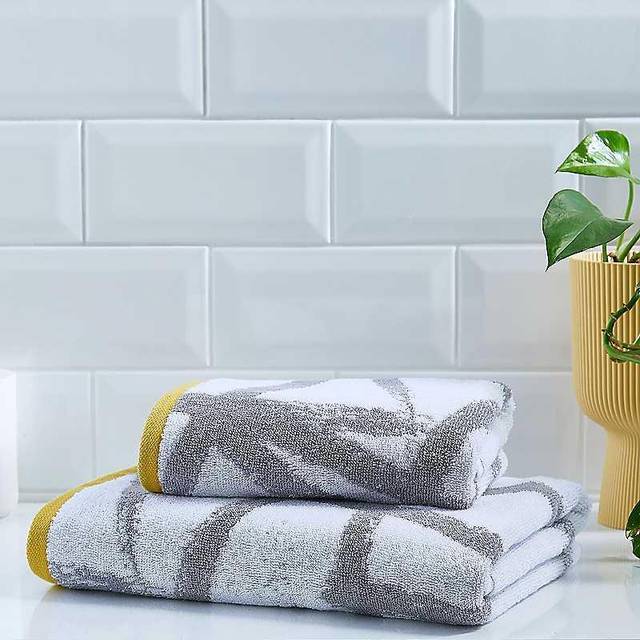 Fusion Badrum - Leda - 100% bomull jacquard badhandduk - 70 x 130 cm i grå/ockra