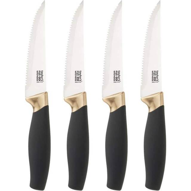 Brooklyn Brass Serrated Steak Knife Set 4 PCE Scalloped Edge Hollow Ground Polished Mat Stainless Steel Blade Brass Coloured Bolster Soft Grip Handle