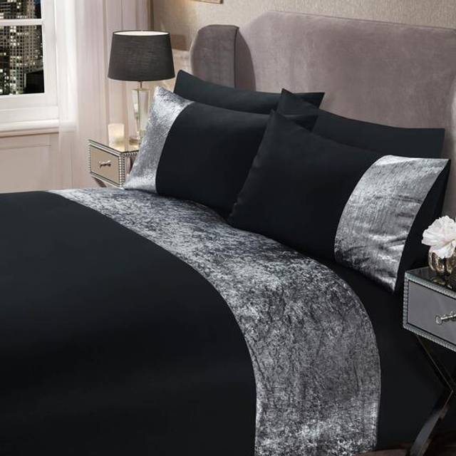 Sienna Crushed Velvet Panel Duvet Cover With Pillow Case Set Black Double, Black