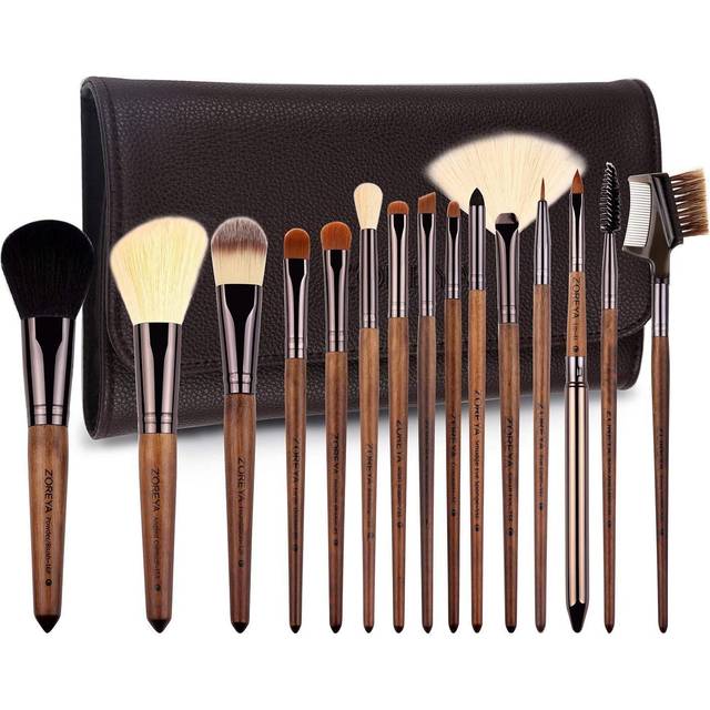 Makeup Brush Set  15pcs Unique Walnut Makeup Brushes with Vegan Leather Bag  Professional No Shed Tan Makeup Brushes