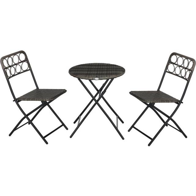 Outsunny 3 PCS Rattan Wicker Bistro Set with Easy Folding, Hand Woven Rattan Coffee Table and Chairs for Outdoor Lawn, Pool, Balcony & Garden, Grey, Grey