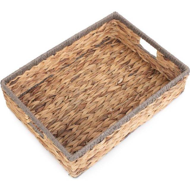 Shallow Rectangular Water Hyacinth With Grey Rope Border Storage Basket - Small