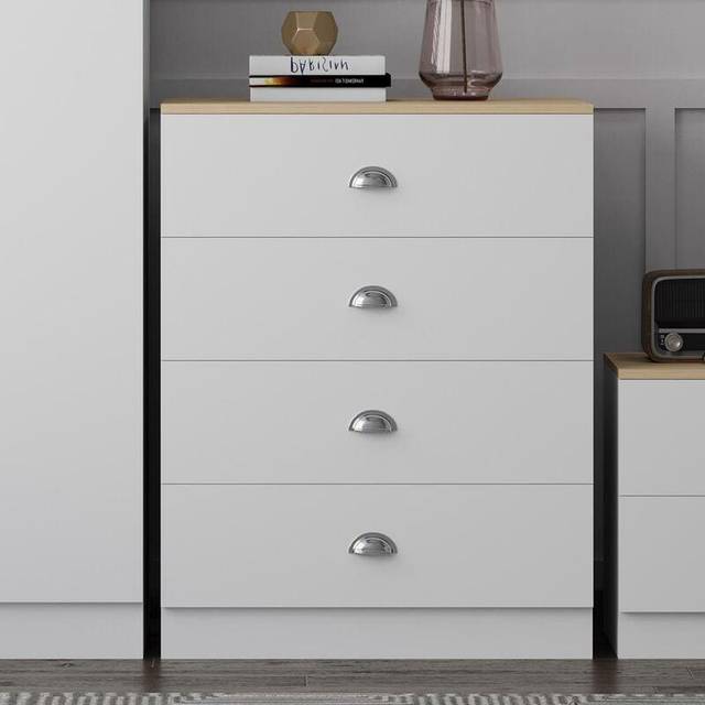Fwstyle Esher 4 Drawer Chest Of Drawer Matt White Oak Top & Cup Handles, White