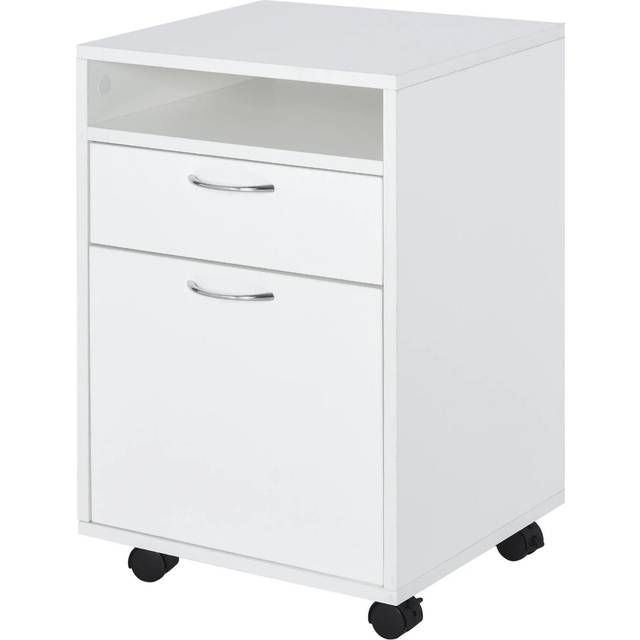 HOMCOM 60cm Storage Cabinet w/ Drawer Open Shelf Metal Handles 4 Wheels Office Home Organiser Mobile Printer White Aosom UK