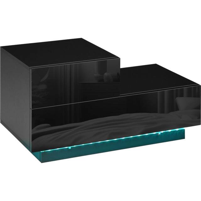 HOMCOM High Gloss Front Bedside Table Nightstand with LED Light Remote Black, Black
