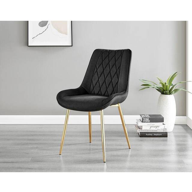 2x Pesaro Upholstered Velvet Gold Leg Modern Luxury Kitchen Dining Room Chairs - Black