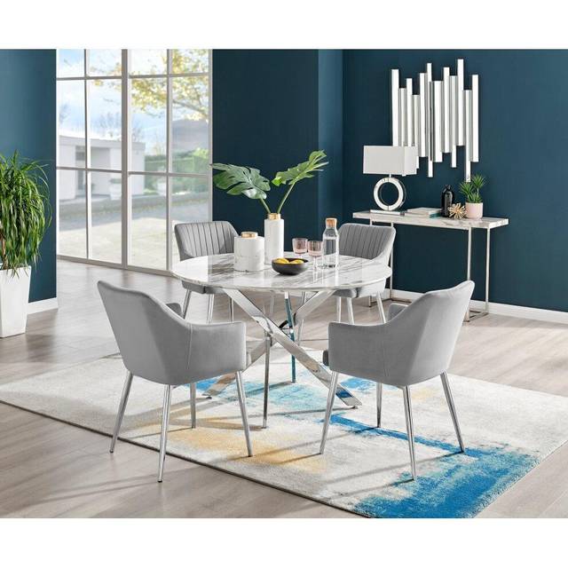 Furniturebox Arona Fortana Marble Effect 6 Seater Round Dining Set White Chrome and Black