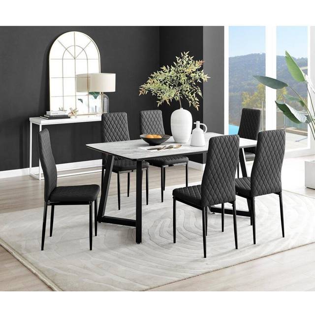 Carson White Marble Effect Dining Table and 6 Milan Black Leg Chairs - Black