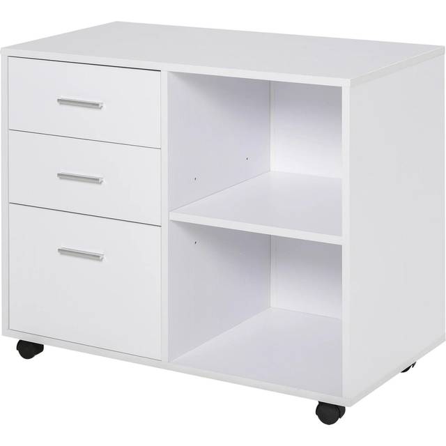 HOMCOM Mobile Printer Stand with Wheels, Office Desk Side Storage Unit, 3 Drawers 2 Shelves, 80L x 40W x 65H cm, White Aosom UK