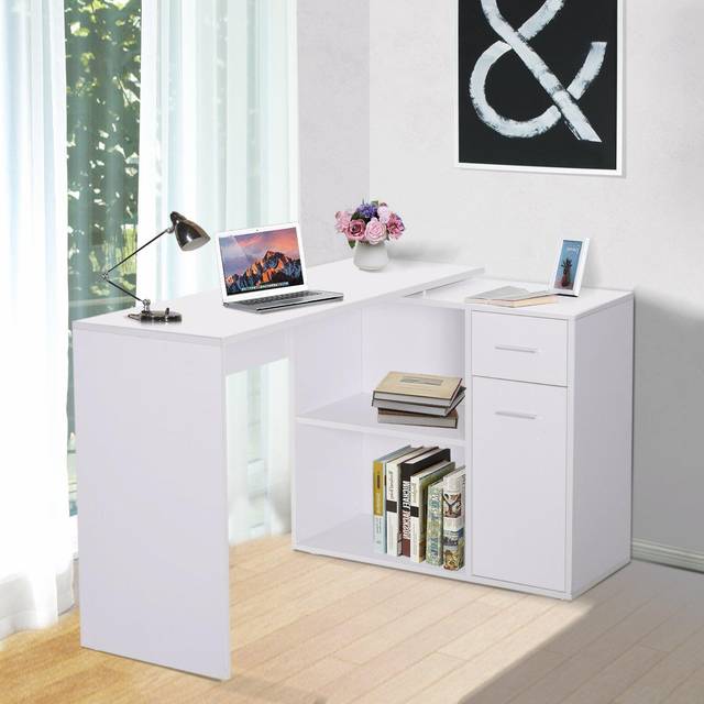 Homcom L-shaped Corner Computer Desk Table Study Table Pc Workstation With Storage Shelf Drawer Home Office White